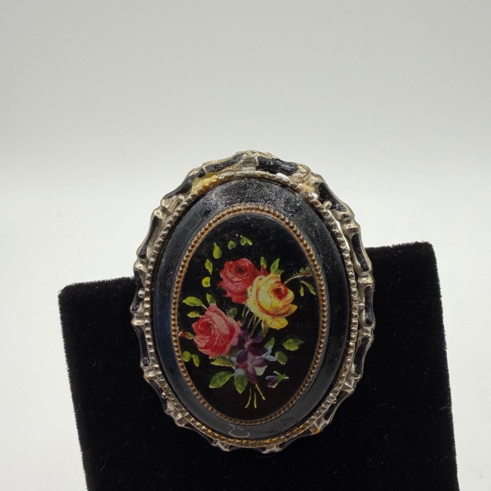 Vintage Hand Painted Floral Oval‎ Brooch Silver Tone Ornate Frame Black Enamel